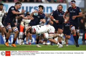 Edinburgh's Blair Kinghorn is tackled by Nick Tomney of Ulster during the match in Belfast. Pic: Bryan Keane/INPHO/Shutterstock