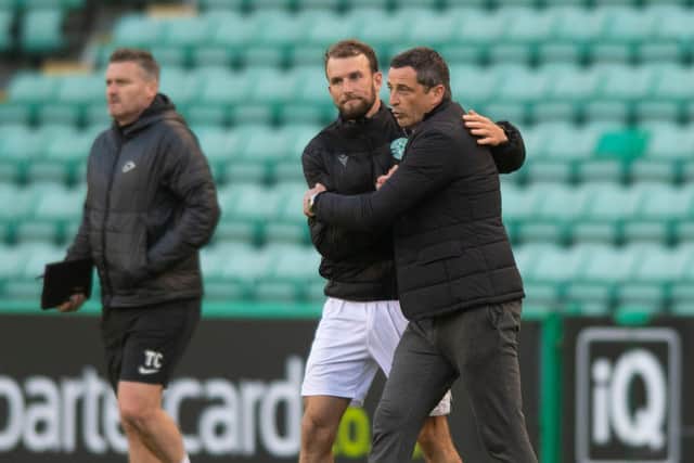 Hibs manager Jack Ross embraces Christian Doidge at full time.