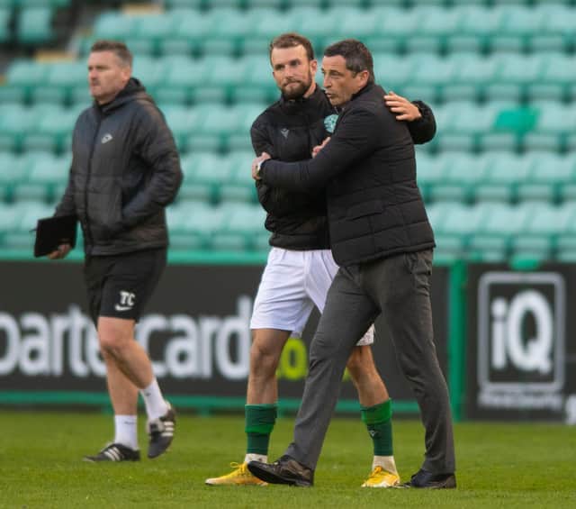 Hibs manager Jack Ross embraces Christian Doidge at full time.