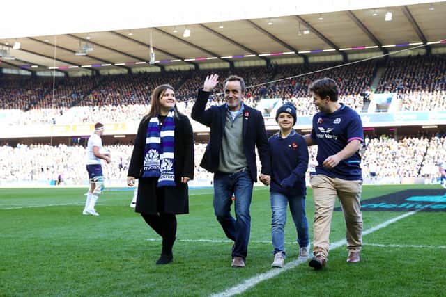 Former Scotland and Lions prop Tom Smith was inducted into Scottish rugby's Hall of Fame on Saturday and delivered the match ball for the South Africa game with his children Amelie, Angus and Teddy. (Photo by Craig Williamson / SNS Group)