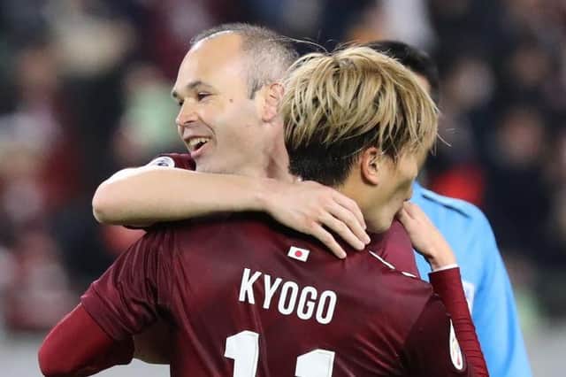Andres Iniesta paid tribute to Kyogo Kuruhashi following his Celtic move. (Photo by STR / JIJI PRESS / AFP) / Japan OUT (Photo by STR/JIJI PRESS/AFP via Getty Images)