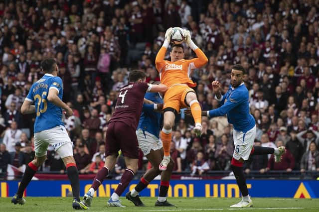 Rangers goalkeeper Jon McLaughlin clutches a cross against Hearts in last year's Scottish Cup final, which kicked off at the traditional time of 3pm (Photo by Craig Foy / SNS Group)