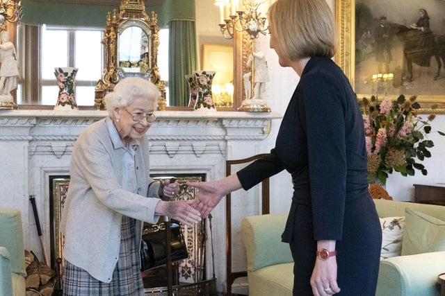 Queen Elizabeth II welcoming Liz Truss during an audience at Balmoral, Scotland, where she invited the newly elected leader of the Conservative party to become Prime Minister and form a new government.