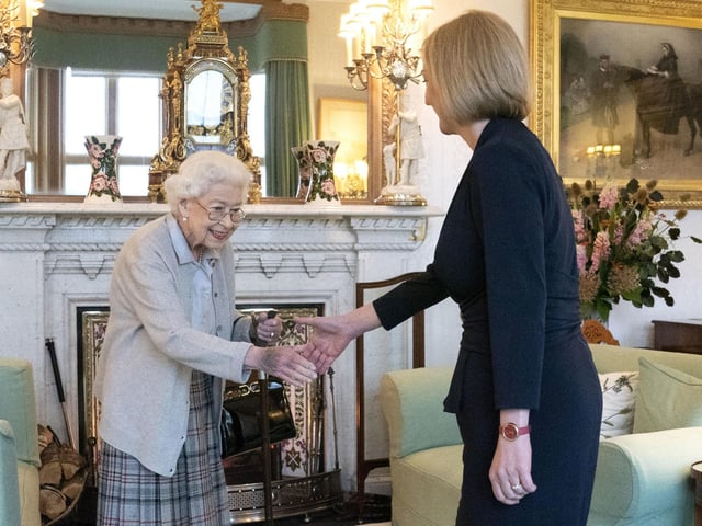 Queen Elizabeth II welcoming Liz Truss during an audience at Balmoral, Scotland, where she invited the newly elected leader of the Conservative party to become Prime Minister and form a new government.