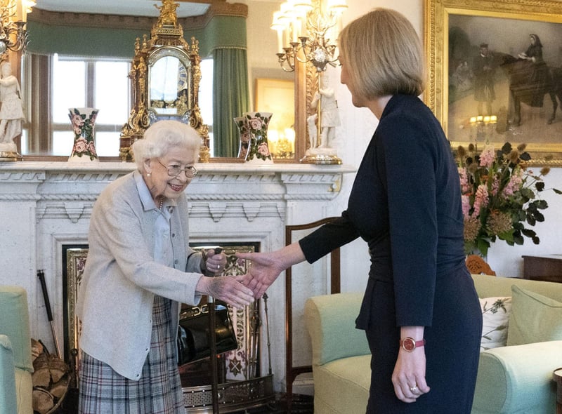 Queen Elizabeth II welcoming Liz Truss during an audience at Balmoral, Scotland, where she invited the newly elected leader of the Conservative party to become Prime Minister and form a new government.