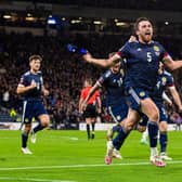 John Souttar celebrates after giving Scotland the lead in their World Cup qualifier against Denmark at Hampden. (Photo by Ross MacDonald / SNS Group)