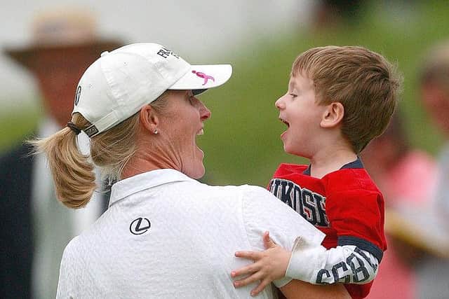 Janice Moodie is greeted by her son Craig after following the final round play in the 2009 Navistar LPGA Classic in Prattville, Alabama. Picture: Dave Martin/Getty Images.