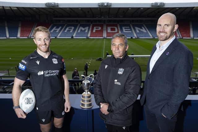 Glasgow Warriors captain Kyle Steyn, head coach Franco Smith and managing director Al Kellock at Hampden Park where the first leg of the 1872 Cup match against Edinburgh will be played on December 22. (Photo by Ross MacDonald / SNS Group)