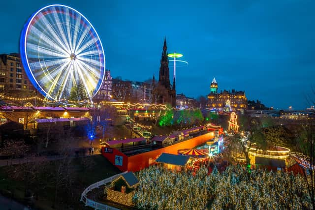 A view overlooking the Christmas Market in Edinburgh. Photo by Stephen Bridger/ Getty.