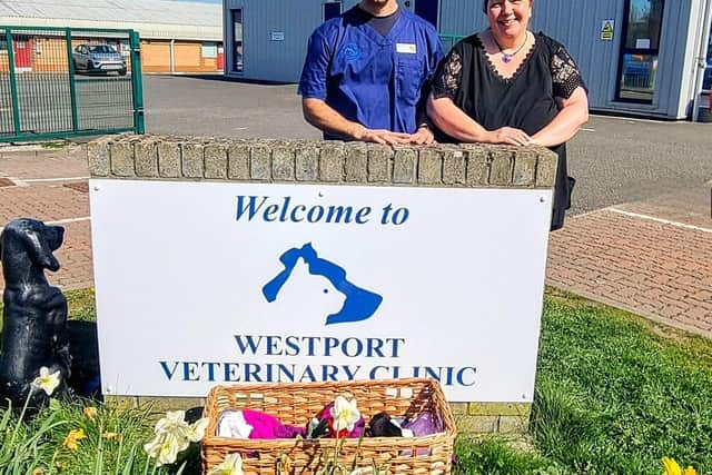Westport Veterinary Clinic Owner and Senior Veterinary Surgeon Stuart McMorrow with Lesley Winton at Westport Veterinary Clinic Linlithgow