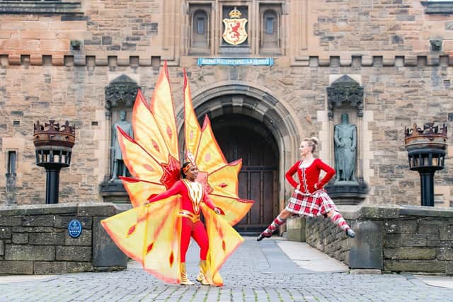 Pictured Kalicia Robinscott from Trinidad and Tabago defence force steel orchestra and Alessandra Bruce-Fuoco of the Tattoo Dance company
Performers from the  Trinidad & Tobago Defence Steel Orchestra  joined Highland Dancers and military pipers and drummers on the Esplanade of Edinburgh Castle this morning, as they revealed Edinburgh Tattoo’s 2019 showcase ‘Kaleidoscope’.  
 
This year’s show, which takes place between 2-24 August, will explore light, colour and the glorious symmetries of the confirmed international line-up which includes 1,200 performers from Africa, Central America, China, New Zealand and Europe and 250 of the world’s finest military for the incredible Massed Pipes and Drums. 
 
The spectacle, which marks its 69th show this year, has taken inspiration from the optical instrument first patented by Scottish inventor Sir David Brewster in 1817 to provide a 100-minute show filled with glorious technicolour. 