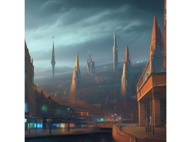 The spires along the River Ness are still a prominent feature of the Inverness of 2123, but are now joined by space-aged pinnacles.