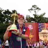 Captain Steve Stricker celebrates with the Ryder Cup after leading the US to a record 19-9 win over Europe at Whistling Straits last September. Picture: Warren Little/Getty Images.