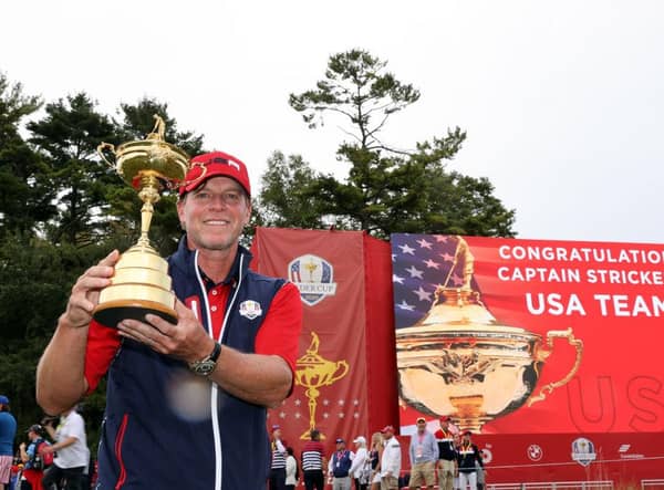 Captain Steve Stricker celebrates with the Ryder Cup after leading the US to a record 19-9 win over Europe at Whistling Straits last September. Picture: Warren Little/Getty Images.