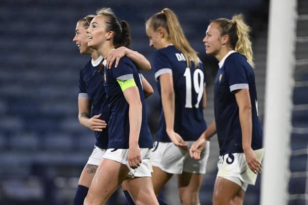 Caroline Weir celebrates after making it 3-0 during an international friendly match between Scotland and Costa Rica at Hampden Park, on April 11, 2023, in Glasgow, Scotland. (Photo by Rob Casey / SNS Group)