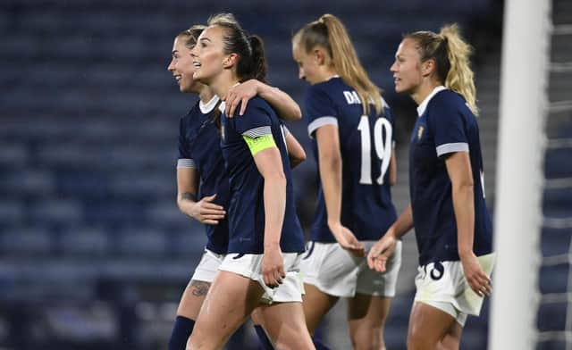 Caroline Weir celebrates after making it 3-0 during an international friendly match between Scotland and Costa Rica at Hampden Park, on April 11, 2023, in Glasgow, Scotland. (Photo by Rob Casey / SNS Group)