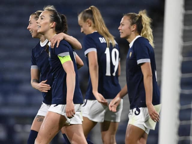 Caroline Weir celebrates after making it 3-0 during an international friendly match between Scotland and Costa Rica at Hampden Park, on April 11, 2023, in Glasgow, Scotland. (Photo by Rob Casey / SNS Group)