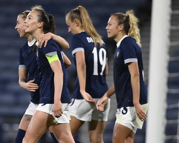 Caroline Weir celebrates after making it 3-0 during an international friendly match between Scotland and Costa Rica at Hampden Park, on April 11, 2023, in Glasgow, Scotland. (Photo by Rob Casey / SNS Group)