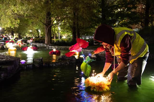 Rangoli-inspired installation made of floating flowers is unveiled in the Jubilee Park fountains in Canary Wharf to mark the Hindu festival of Diwali, London.