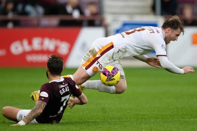 Hearts midfielder Jorge Grant was sent off for this tackle on Callum Slattery.