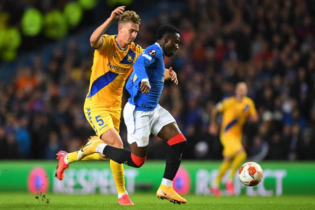 Rangers striker Fashion Sakala battles with Brondby captain Andreas Maxso during the Europa League match between the teams at Ibrox a fortnight ago. (Photo by ANDY BUCHANAN/AFP via Getty Images)