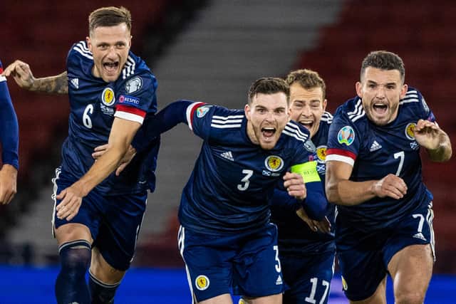 Scotland players celebrate after the penalty shoot-out victory against Israel
