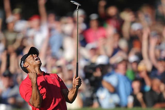 Tiger Woods celebrates his birdie putt on the 72nd hole to get into a play-off he won the next day in the 2008 US Open at Torrey Pines. Picture: Robyn Beck/AFP via Getty Images.