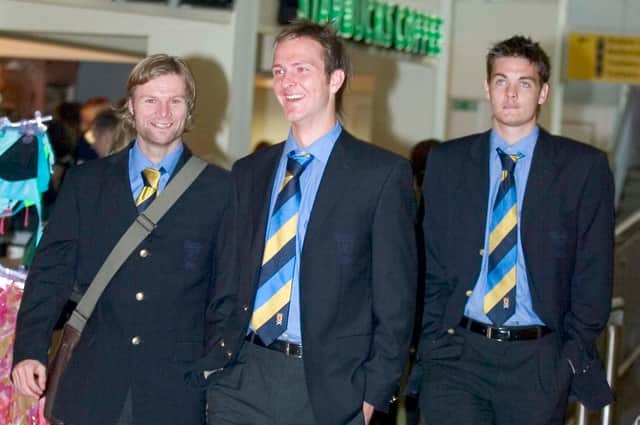 Steven Pressley (left) Andy Webster (centre) and Craig Gordon going on international duty together in 2005. Picture: SNS