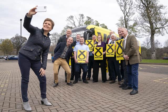 First Minister Nicola Sturgeon takes a selfie with local candidates and SNP supporters in Perth city centre during local election campaigning in April. Picture: Press Association.