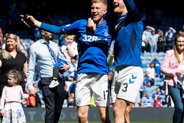 Rangers’ Ross McCrorie (left) and Joe Worrall celebrate a 1-0 victory over Celtic at Ibrox. SNS Group Alan Harvey.