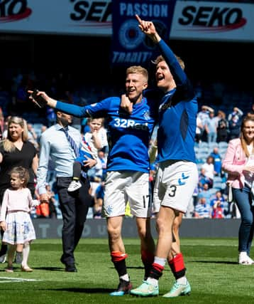 Rangers’ Ross McCrorie (left) and Joe Worrall celebrate a 1-0 victory over Celtic at Ibrox. SNS Group Alan Harvey.