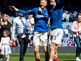 Rangers’ Ross McCrorie (left) and Joe Worrall celebrate a 1-0 victory over Celtic at Ibrox. SNS Group Alan Harvey.
