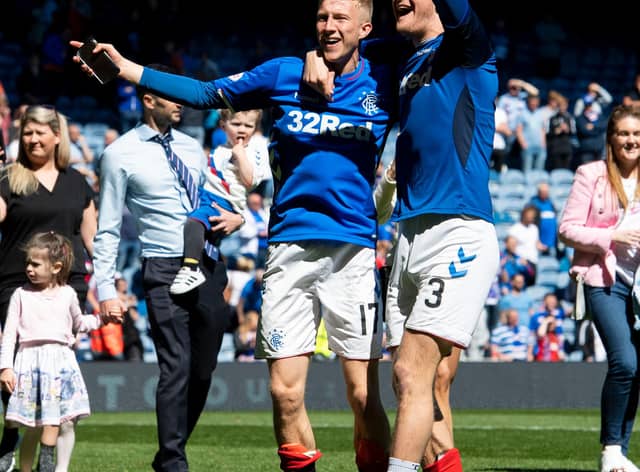 Rangers’ Ross McCrorie (left) and Joe Worrall celebrate a 1-0 victory over Celtic at Ibrox. SNS Group Alan Harvey.