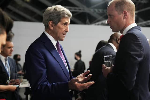 The Duke of Cambridge (right), speaks with John Kerry, United States Special Presidential Envoy for Climate, during a meeting with Earthshot prize winners, finalists and heads of state. Picture: PA