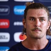 France's lock Bastien Chalureau looks on during a press conference at the Maison de l'Europe in Rueil-Malamaison after his call-up to the French squad.