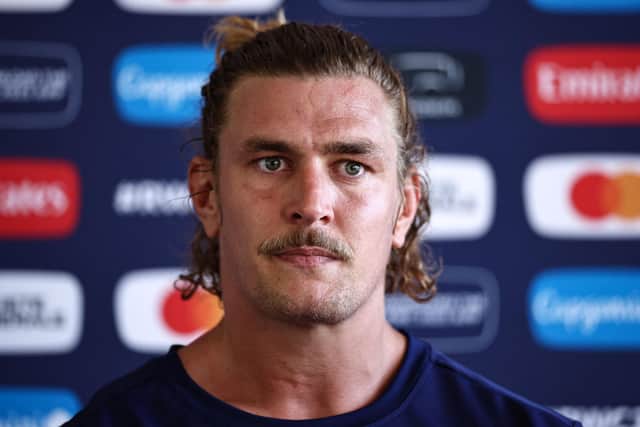 France's lock Bastien Chalureau looks on during a press conference at the Maison de l'Europe in Rueil-Malamaison after his call-up to the French squad.