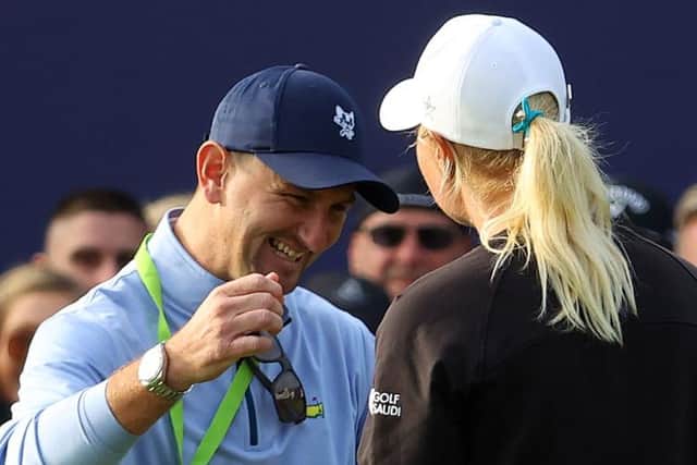 Kevin McAlpine smiles as he greets Anna Nordqvist after the Swede had holed her winning putt on Sunday. Picture: Andrew Redington/Getty Images.