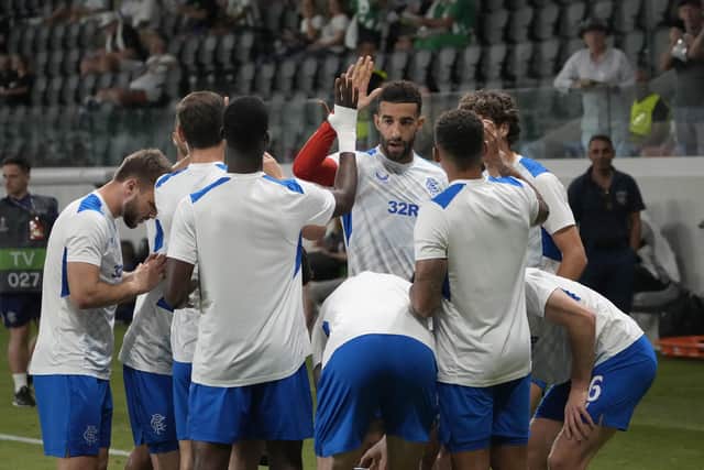Rangers warm up ahead of the match against Aris Limassol - but they are coming under increasing pressure due to poor results.