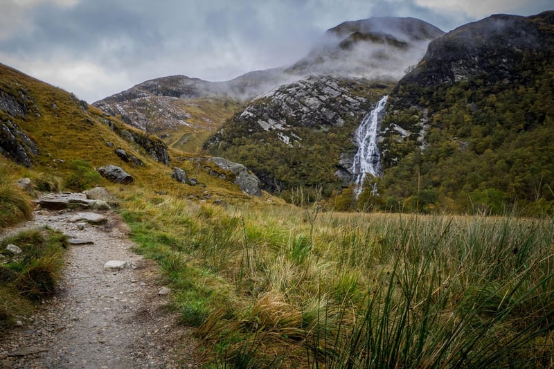 In the middle reaches of Glen Nevis are the Polldubh Falls but even more impressive are the mighty Steall Falls which cascade down 393 feet from the mountains of the Mamores. To get there you have to brave it across a three-wire bridge over the river.