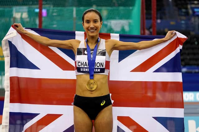 Jenny Selman celebrates with the gold medal after her victory at the British Indoors in Birmingham. Picture: Martin Rickett/PA