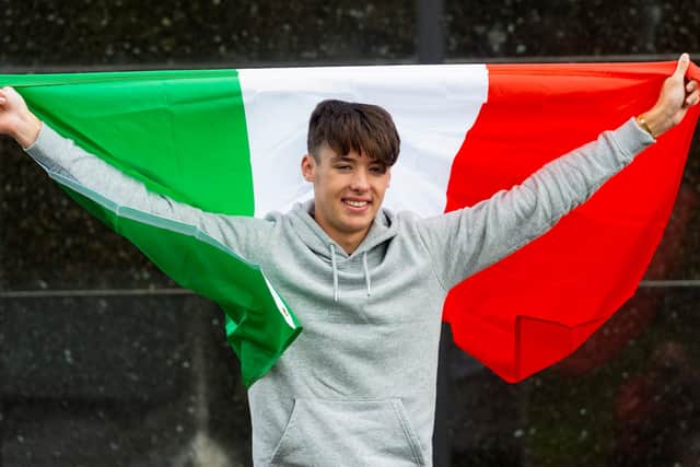 Hearts' Aaron Hickey is pictured as he departs for Italy ahead of his proposed move to Bologna.