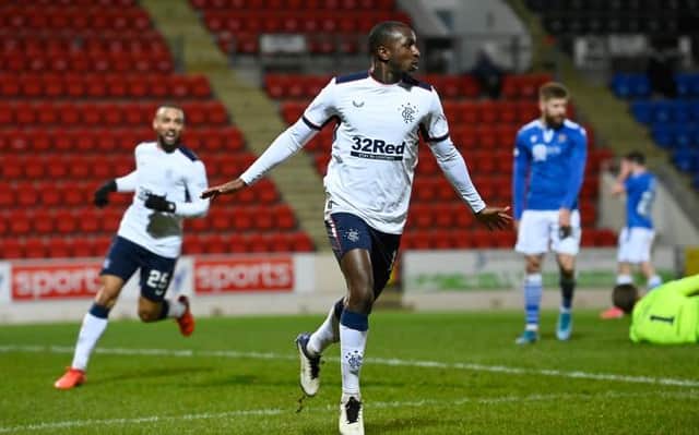 Rangers' Glen Kamara (right) celebrates making it 2-0 during a Scottish Premiership match between St Johnstone and Rangers at McDiarmid Park, on December 23, 2020, in Perth, Scotland. (Photo by Rob Casey / SNS Group)
