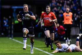 Catch him if you can ... Duhan van der Merwe on the charge for the secon of his try hat-trick.