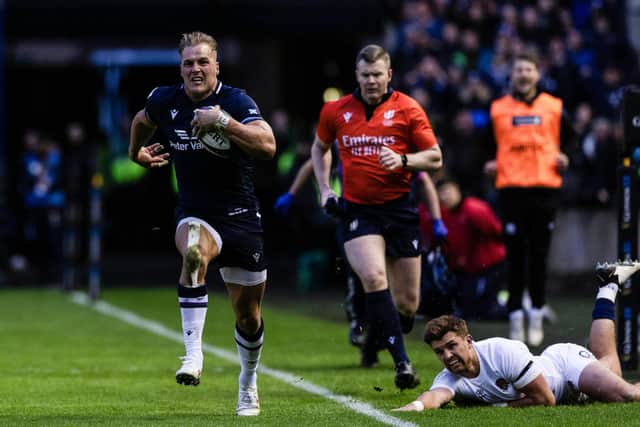 Catch him if you can ... Duhan van der Merwe on the charge for the secon of his try hat-trick.