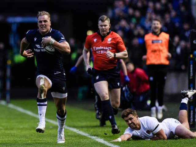 Catch him if you can ... Duhan van der Merwe on the charge for the secon of his try hat-trick.