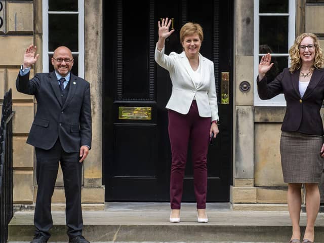 Scottish Greens co-leaders Patrick Harvie and Lorna Slater with former first minister Nicola Sturgeon after signing the Bute House Agreement. Image: Lisa Ferguson.