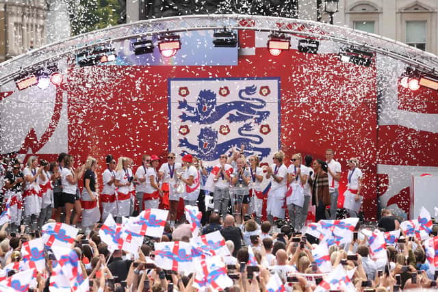 England's players celebrate during a victory party in Trafalgar Square in central London yesterday. Picture: Hollie Adams /AFP/Getty