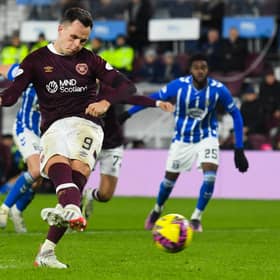 Lawrence Shankland converts his penalty to make it 3-1 to Hearts and wrap up the win over Kilmarnock at Tynecastle Park. Picture: SNS