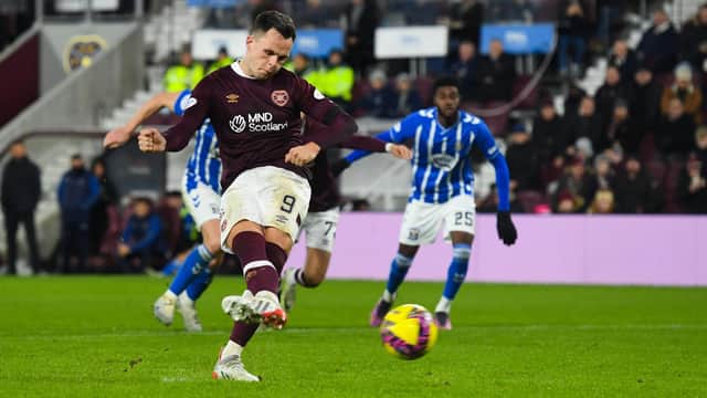 Lawrence Shankland converts his penalty to make it 3-1 to Hearts and wrap up the win over Kilmarnock at Tynecastle Park. Picture: SNS