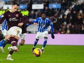 Lawrence Shankland converts his penalty to make it 3-1 to Hearts and wrap up the win over Kilmarnock at Tynecastle Park. Picture: SNS